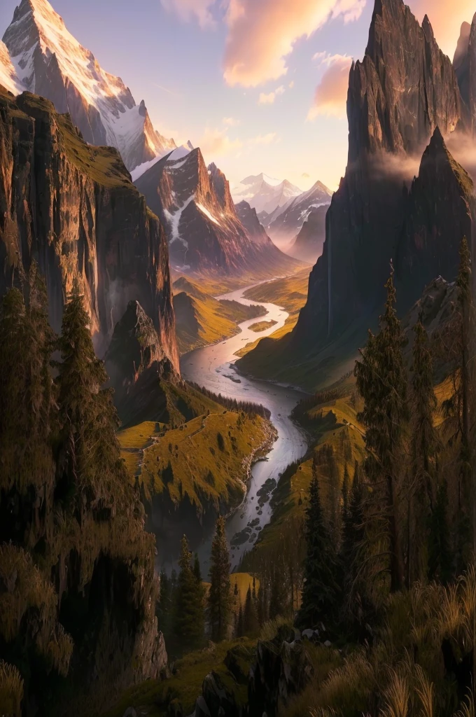 mountains and a river in the foreground with a mountain in the background, max rive, 8 k matte painting, 8k matte painting, the most beautiful landscape, epic beautiful landscape, beautiful mattepainting, majestic nature scenery, matte painting scenery, an amazing landscape image, epic cinematic matte painting, stunning matte painting, stunning nature in background, beautiful matte painting, most epic landscape