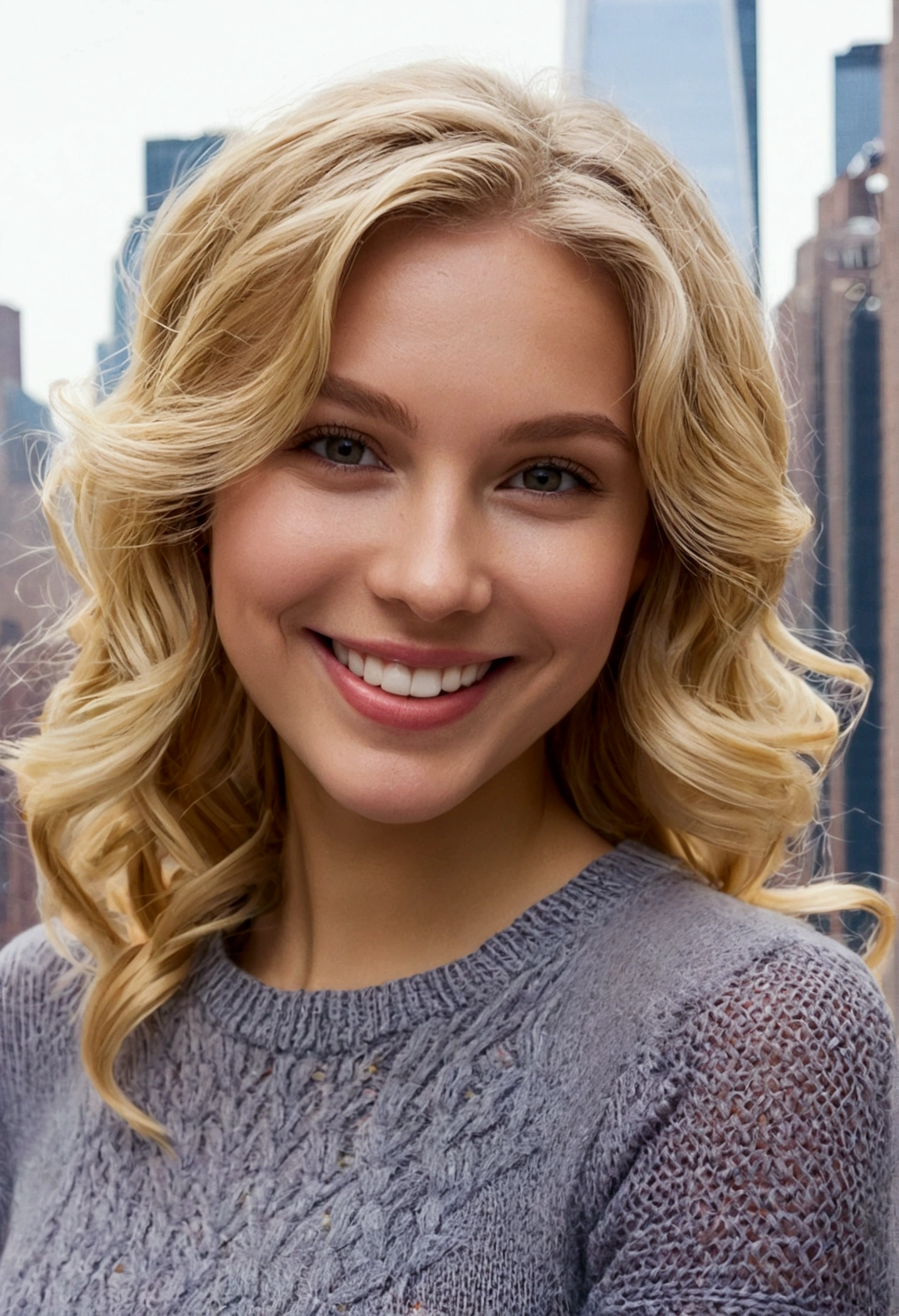 very detailed, women , knit shirt, blond hair, smiling. focus on the face, blond eyes looking at camera. The background is New York City