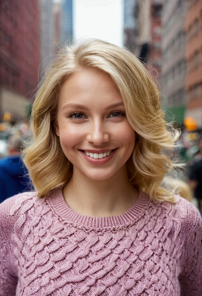 very detailed, women , knit shirt, blond hair, smiling. focus on the face, blond eyes looking at camera. The background is New York City