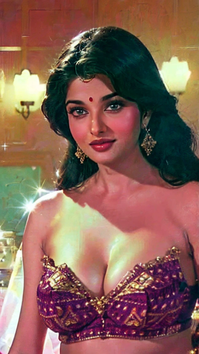A masterful hyperrealistic photo of a timeless beauty that exudes the essence of a Gibson smiling Indian milf  in her prime. Her luxurious upswept hair is adorned with exquisite ornaments, and her deep necked blue blouse accentuates her graceful curves. The intricate details of her attire and facial features are rendered with incredible precision. adding a touch of quirkiness to this otherwise classic portrait 
photo"