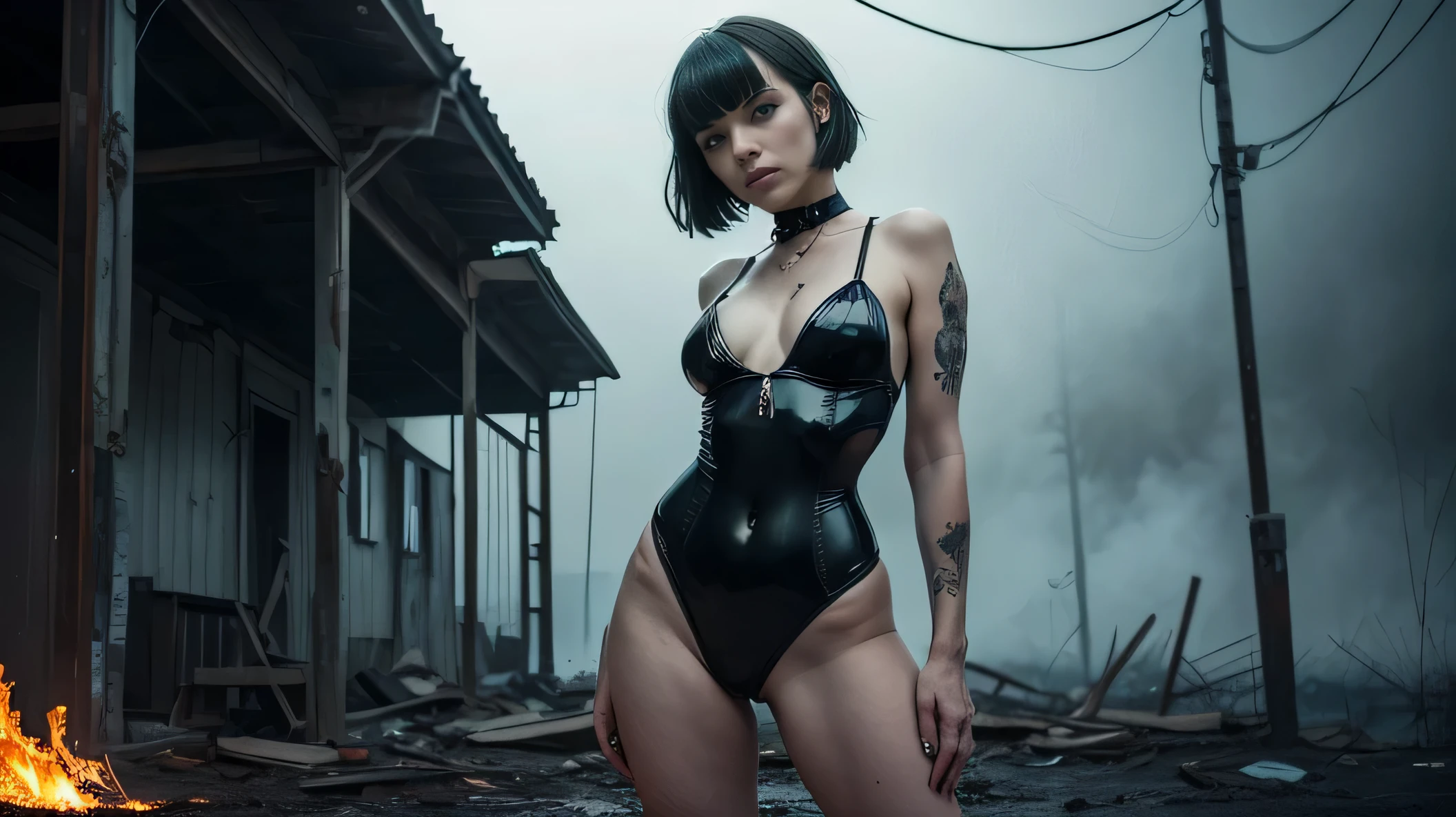 (Best Quality,hight resolution,Masterpiece, full body shot:1.2),Ultra-detailed,woman dressed in shiny latex bodysuit,sickly,standing in a burning abandoned place, high waisted leotard, full body shot, fames all around, perfect body, intricate high waisted bodysuit, fire in the background, centered subject,gloomy ecstasy,fetish,dark gloomy atmosphere, creepy atmosphere, gritty texture,Retro-atmosphere,warped reality,melancholic expression on his face,mysterious aura,foggy atmosphere,foggy background,Subtle color palette,provocative pose,Strong emotions,Coming Out of the Depths of Despair,Piercing gaze,intense shadows,Plunged in Darkness,dark industrial aesthetic,ominous vibe,A supernatural sensation,Loss of Place in Time and Space,Eerie silence.asymmetrical bangs, freckles, black short hair, Bangs, freckles, gray eyes,