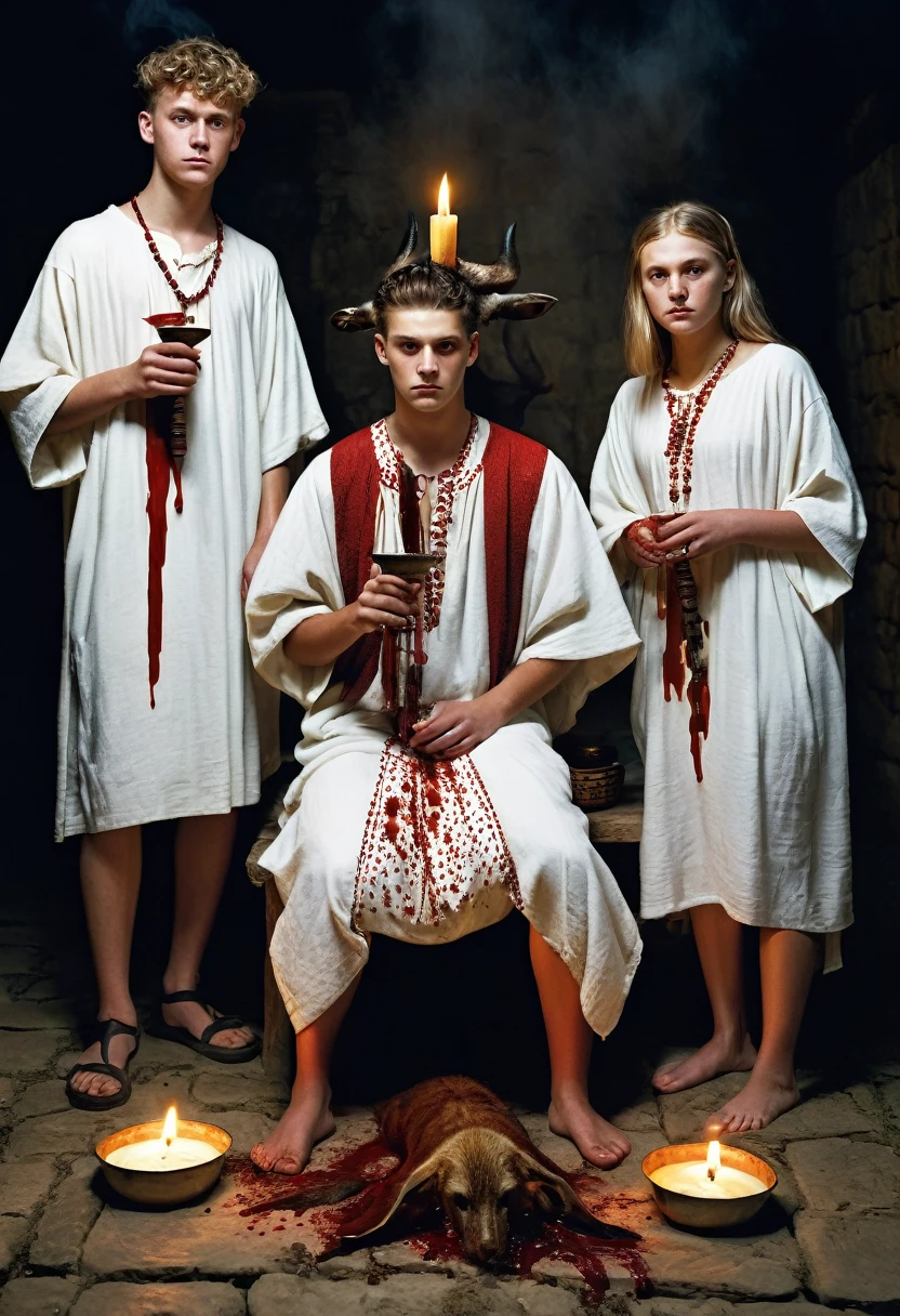 three young white people aged 18 dressed in tunic, sacrificing animals with blood, candles, voodoo, clear and ultra realistic image