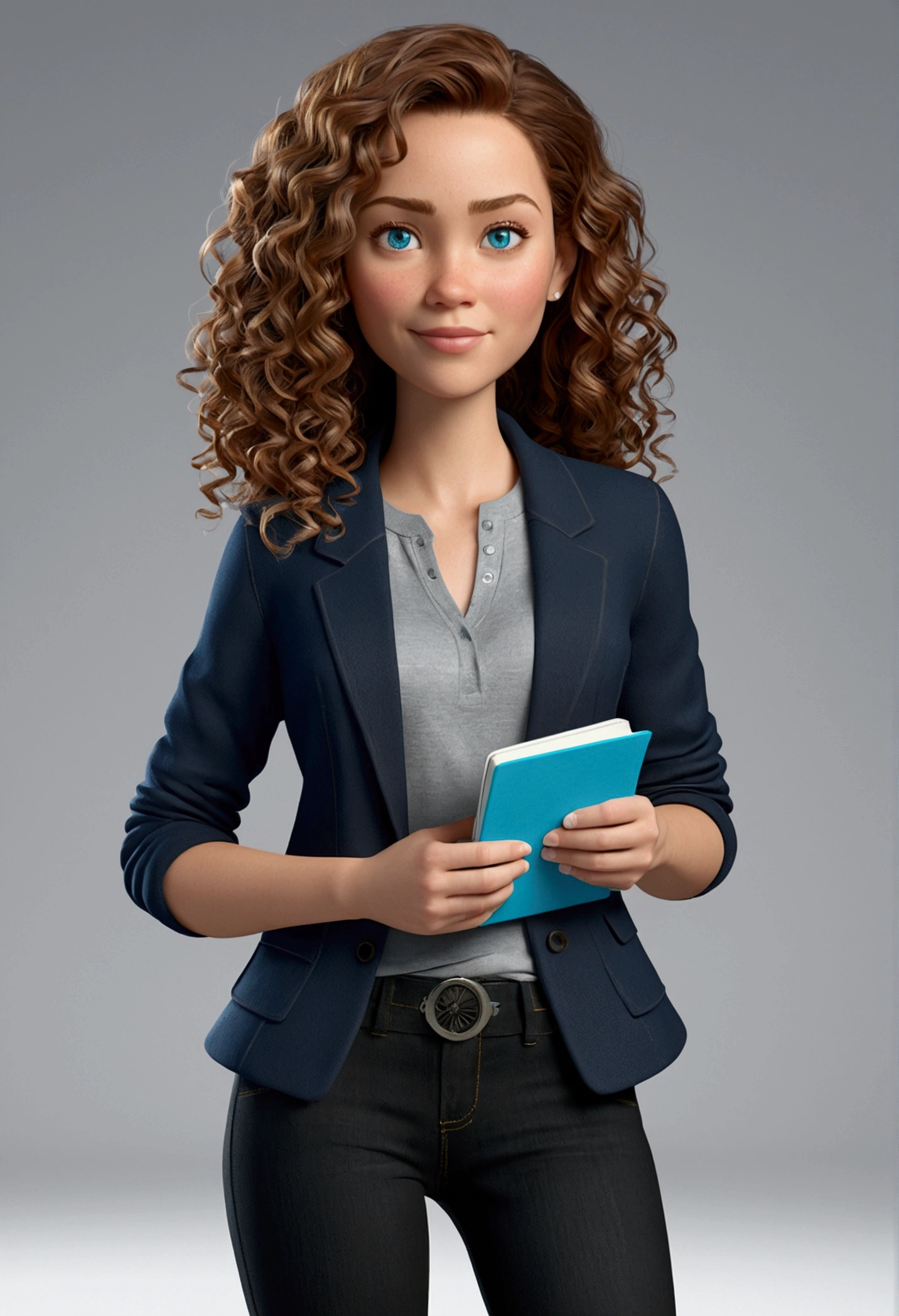 3D PIXAR STYLE POSTER. woman 36 years old, with light skin, MEDIUM BROWN curly HAIR with lighter highlights , blue colored eyes, black blazer, black jeans pants, gray shirt, White sneakers, notebook in hand, luz do professor BACKGROUND com luzes COLORFUL