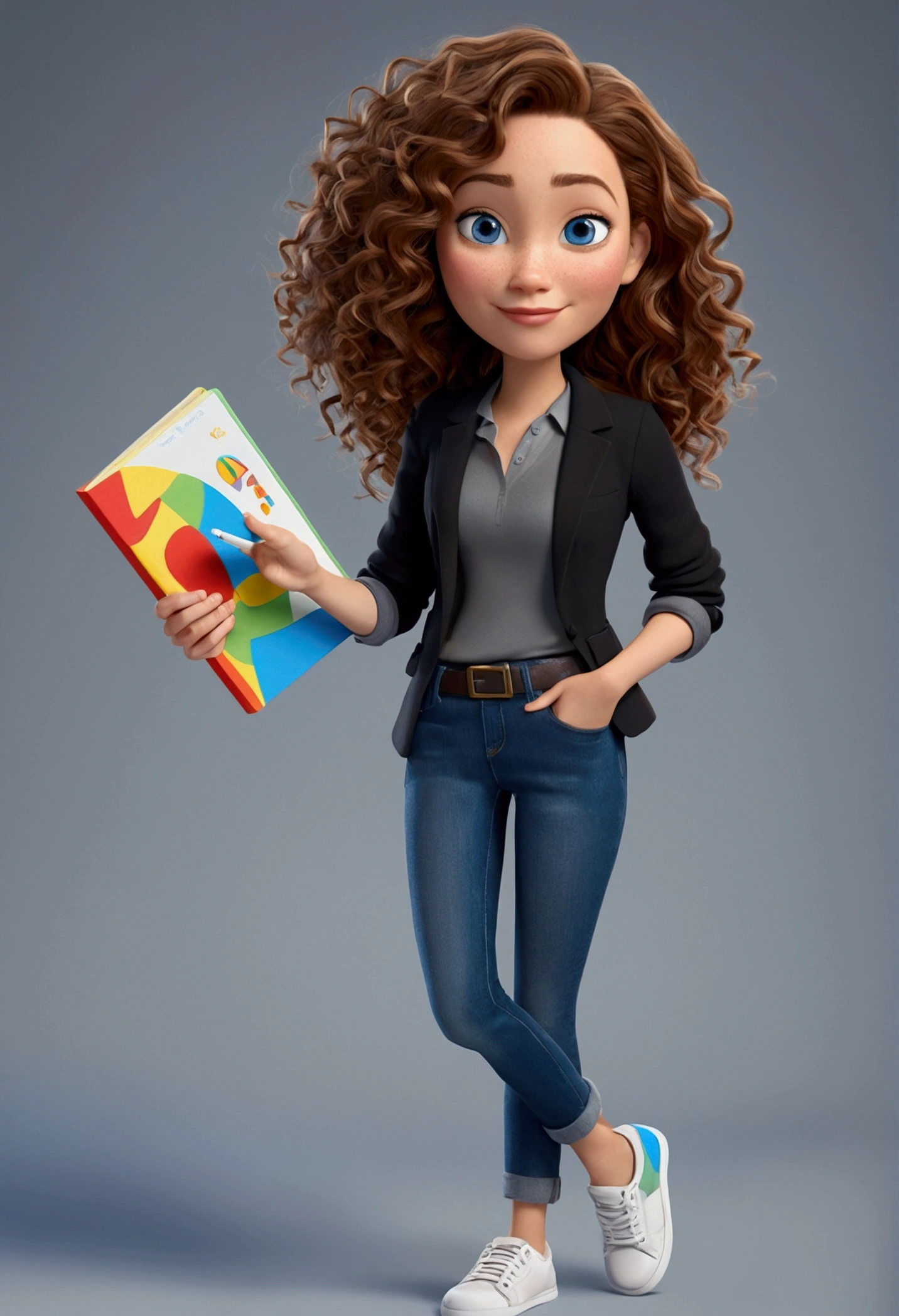 3D PIXAR STYLE POSTER. woman 36 years old, with light skin, MEDIUM BROWN curly HAIR with lighter highlights , blue colored eyes, black blazer, black jeans pants, gray shirt, White sneakers, notebook in hand, luz do professor BACKGROUND com luzes COLORFUL