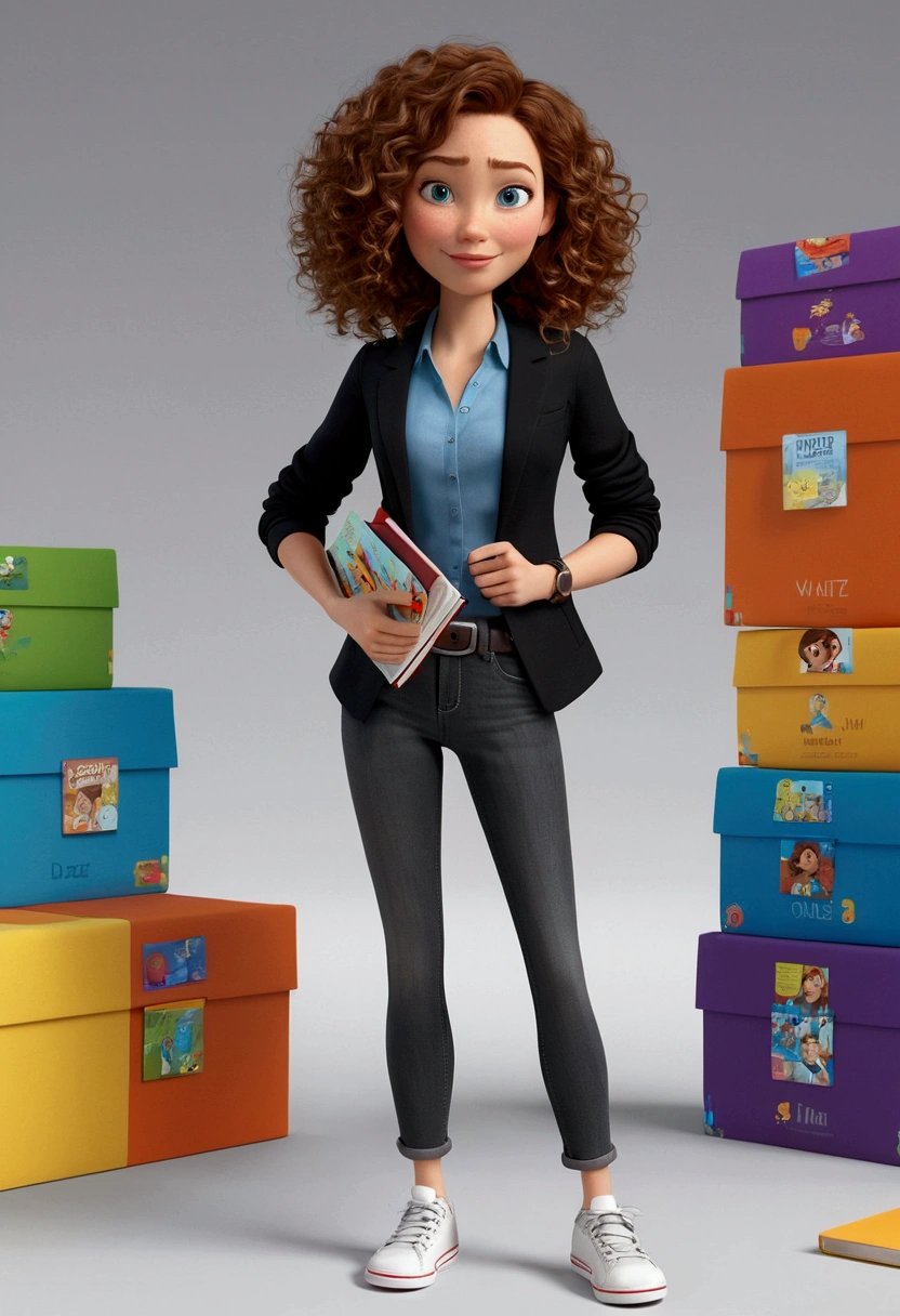 3D PIXAR STYLE POSTER. woman 36 years old, with light skin, MEDIUM BROWN curly HAIR with lighter highlights , blue colored eyes, black blazer, black jeans pants, gray shirt, White sneakers, notebook in hand, luz do professor BACKGROUND com luzes COLORFUL