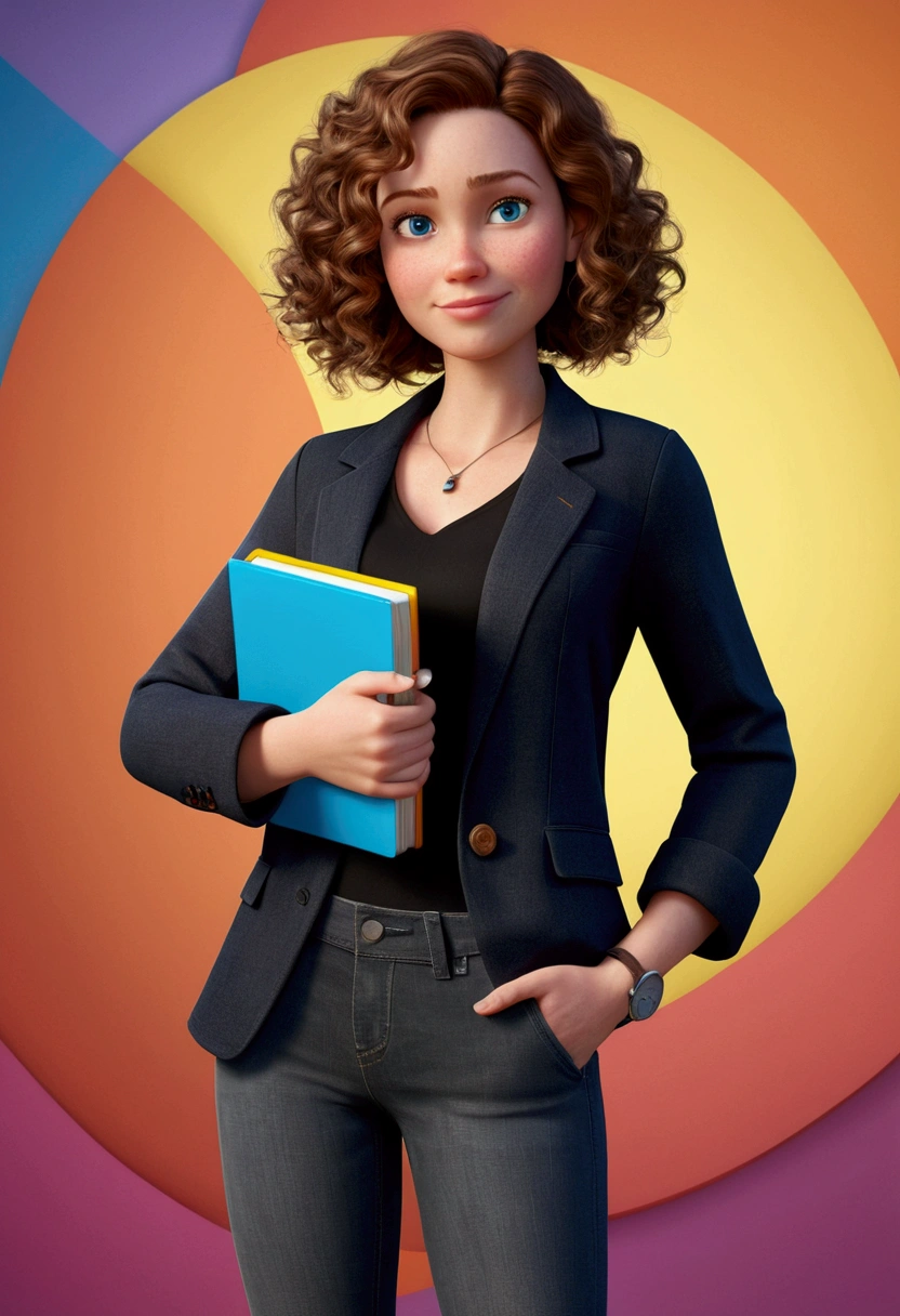 3D PIXAR STYLE POSTER. woman 36 years old, with light skin, MEDIUM BROWN curly HAIR with lighter highlights , blue colored eyes, black blazer, black jeans pants, gray shirt, White sneakers, notebook in hand, luz do professor BACKGROUND com luzes COLORFUL