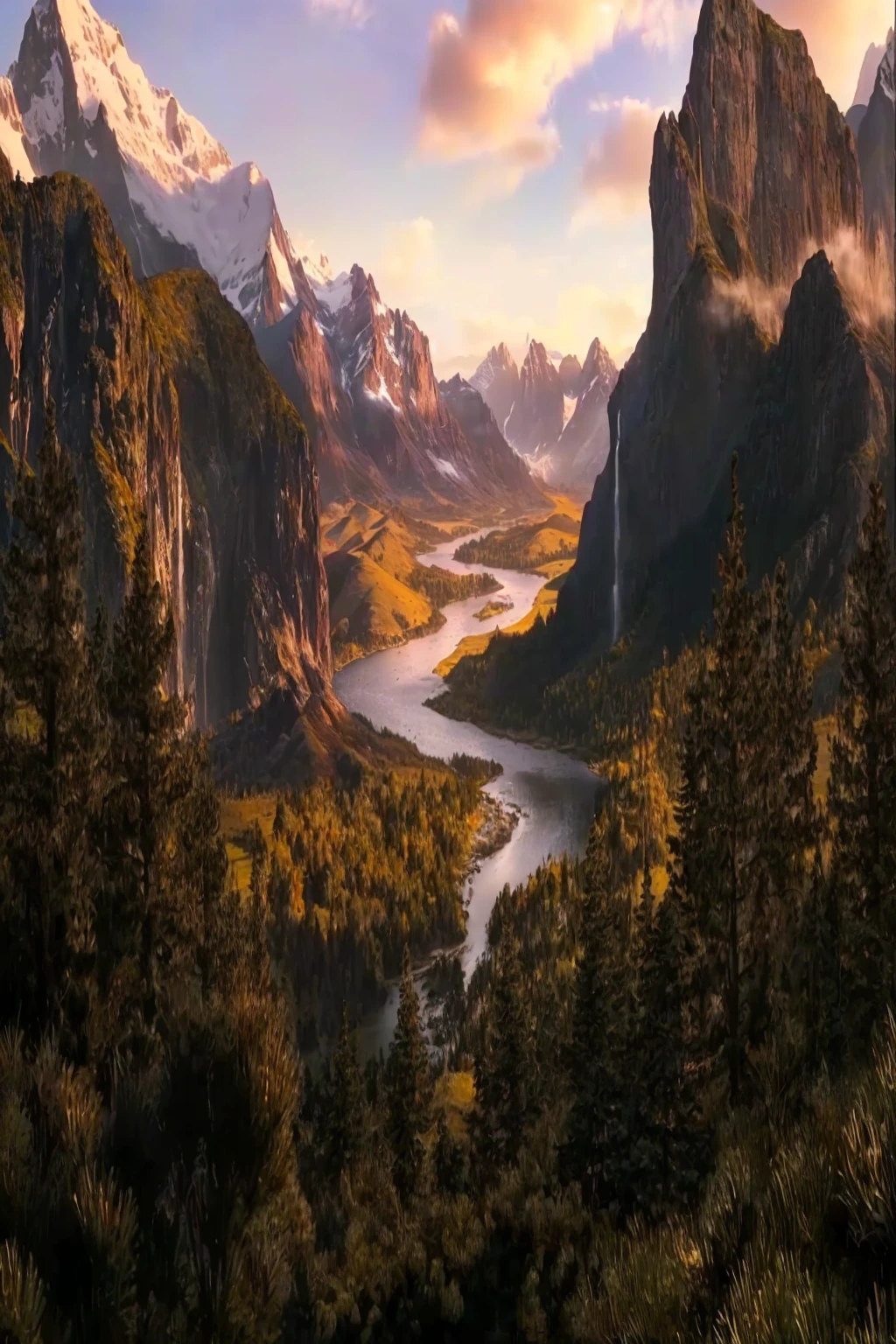 mountains and a river in the foreground with a mountain in the background, max rive, 8 k matte painting, 8k matte painting, the most beautiful landscape, epic beautiful landscape, beautiful mattepainting, majestic nature scenery, matte painting scenery, an amazing landscape image, epic cinematic matte painting, stunning matte painting, stunning nature in background, beautiful matte painting, most epic landscape