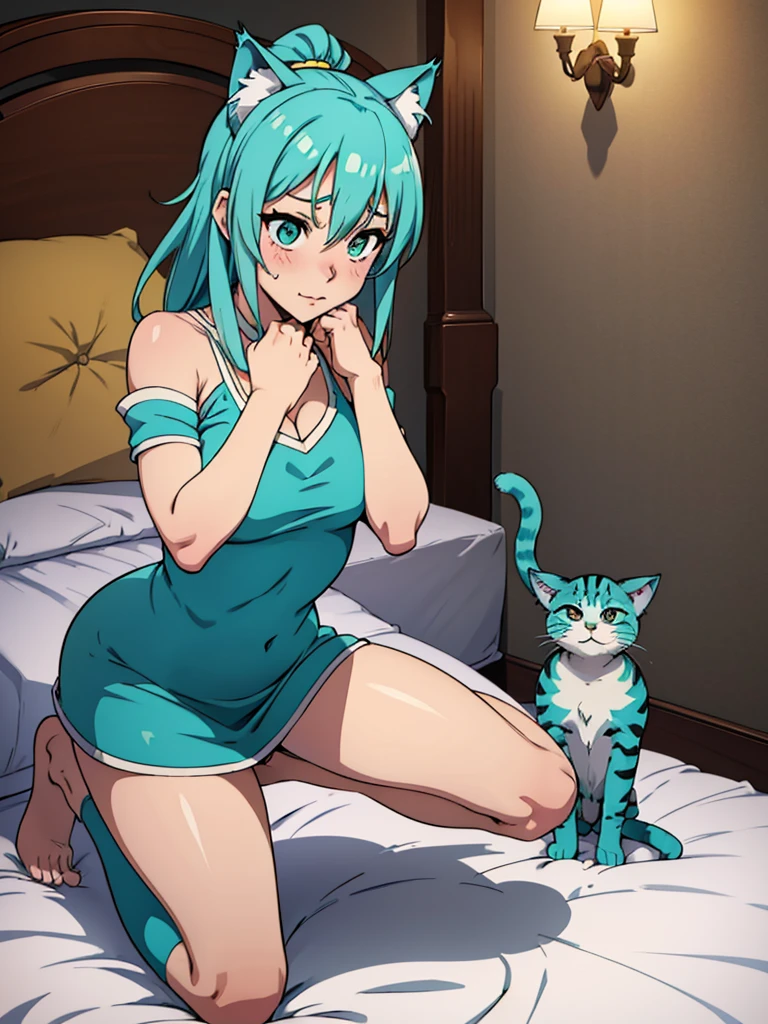 Aqua Konosuba, ((Cute kneeling pose on the bed)) ((sexual, Tall beautiful cat girl)) ((Cat's ears, cat tail, Cat's hair, Cat's paws, Cat's paws, Cat's claws)), ((dark eye shadow makeup)) ((bright red lipstick)), ((long blue hair, closing one eye)) ((big breasts:1.lender body:1.3)) ((wear a white bikini with a tiny thong, white stockings, White gloves)), ((inside the bedroom)) ((a high resolution:1.5), ((low intensity lights)) ((masterpiece:1.5))((8 K:1.5)) ((Best quality:1.4))