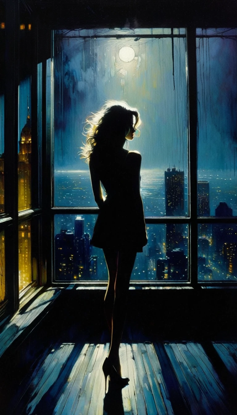sexy girl, next to a large window overlooking a big city, night, sadness, melancholy, sexy, between shadows, oil painting, chiaroscuro, sensual, dramatic lighting, moody atmosphere, photorealistic, intricate details, masterpiece, ultra-detailed, high quality, 8k, best quality, realistic, cinematic, dark and brooding, expressionistic, powerful composition, emotional impact, Bill Sienkiewicz inspired art
