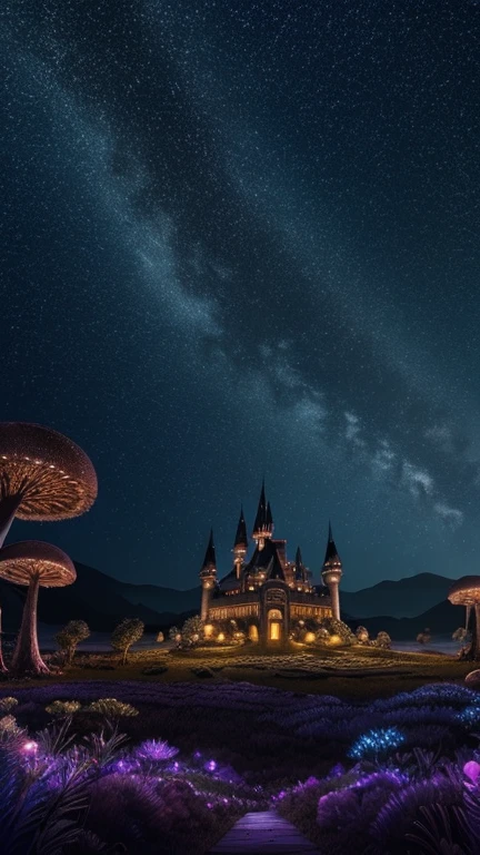 Hyper-realistic digital painting of a mysterious island where it is always night. The landscape is bathed in the soft, ethereal glow of the moon and stars. Dark, twisted trees and strange plants give the island an otherworldly feel. Glowing mushrooms and bioluminescent insects light up the forest floor. In the distance, a gothic castle stands on a hill, its towers piercing the night sky. The scene is both beautiful and haunting, with a sense of magic and mystery. Cinematic composition, trending on ArtStation.