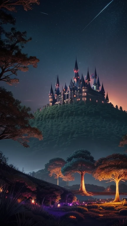 Hyper-realistic digital painting of a mysterious island where it is always night. The landscape is bathed in the soft, ethereal glow of the moon and stars. Dark, twisted trees and strange plants give the island an otherworldly feel. Glowing mushrooms and bioluminescent insects light up the forest floor. In the distance, a gothic castle stands on a hill, its towers piercing the night sky. The scene is both beautiful and haunting, with a sense of magic and mystery. Cinematic composition, trending on ArtStation.
