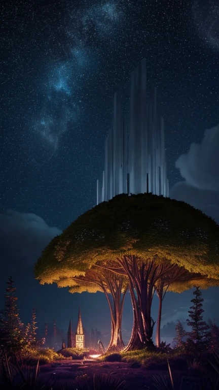 Hyper-realistic digital painting of a mysterious island where it is always night. The landscape is bathed in the soft, ethereal glow of the moon and stars. Dark, twisted trees and strange plants give the island an otherworldly feel. Glowing mushrooms and bioluminescent insects light up the forest floor. In the distance, a gothic castle stands on a hill, its towers piercing the night sky. The scene is both beautiful and haunting, with a sense of magic and mystery. Cinematic composition, trending on ArtStation.