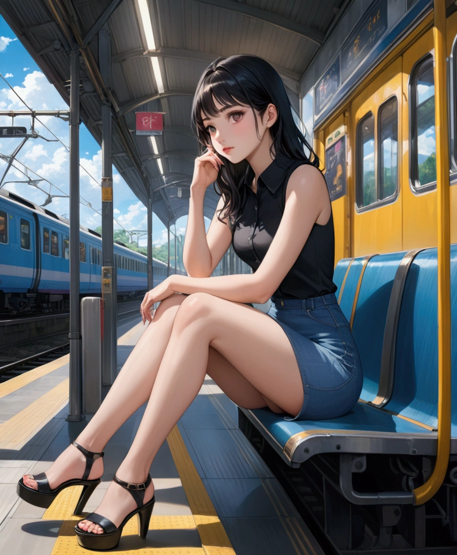 realistic anime illustration of a young beautiful black hair woman waiting train at platform, she wearing black sleeveless collared shirt, light-blue denim pencil skirt, and black heel sandals, (1girl, solo, full body), (masterpiece, best quality), vivid colors
