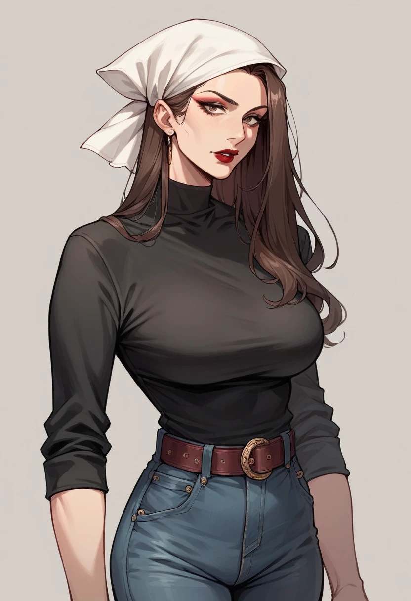 woman, solo, light skin, dark brown long thin hair, makeup, red lipstick, beg expression, black shirt, black pants, white headscarf, denim belt