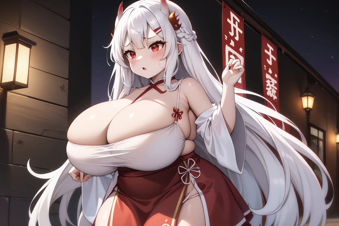 1girl, white hairs, red eyes, skimpy white-red kimono, long hair, lake, night, cleavage, Oni, armored skirt, oni horns, shortstack, huge breasts, wide hips, thick thighs, cowboy shot