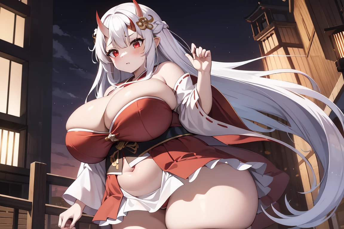 1girl, white hairs, red eyes, skimpy white-red kimono, long hair, lake, night, cleavage, Oni, armored skirt, oni horns, shortstack, huge breasts, wide hips, thick thighs, cowboy shot