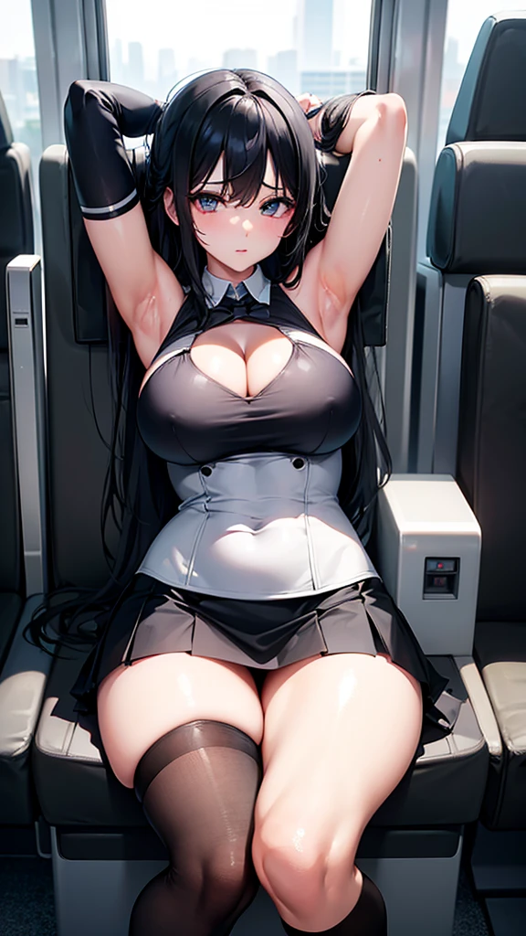 The best super busty、Cleavage、Miniskirt、Thighs、high resolution、Ultra HD、Knee socks、Absolute area、train、seat、Armpit、Close-up、No sleeve、Armpit見せ、Black Hair