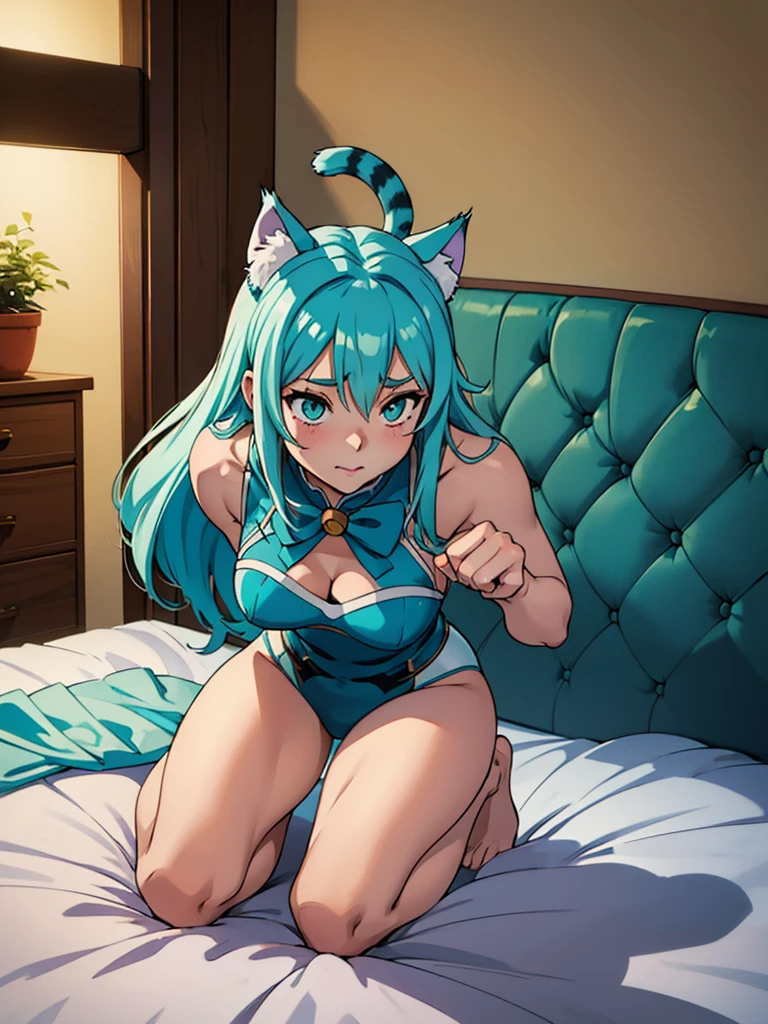 Aqua Konosuba, ((Cute kneeling pose on the bed)) ((sexual, Tall beautiful cat girl)) ((Cat&#39;s ears, cat tail, Cat's hair, Cat's paws, Cat's paws, Cat's claws)), ((dark eye shadow makeup)) ((bright red lipstick)), ((long blue hair, closing one eye)) ((big breasts:1.2)) ((slender body:1.3)) ((wear a white bikini with a tiny thong, white stockings, White gloves)), ((inside the bedroom)) ((a high resolution:1.5), ((low intensity lights)) ((masterpiece:1.5))((8 K:1.5)) ((Best quality:1.4))