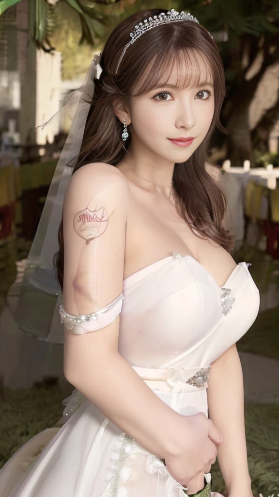 (highest quality, table top:1.2), (realistic:1.3), (Very detailed background, detailed background), bokeh,shot from the side,  ((huge  breasts)), [[valley]],(princess line transparent wedding dress:1.3),(((one shoulder:1.3))), bridal tiara, bridal veil, bridal gauntlet,  Upper body, (Wedding venues near the sea:1.2), smile,ditch，Expose the base of the thighs