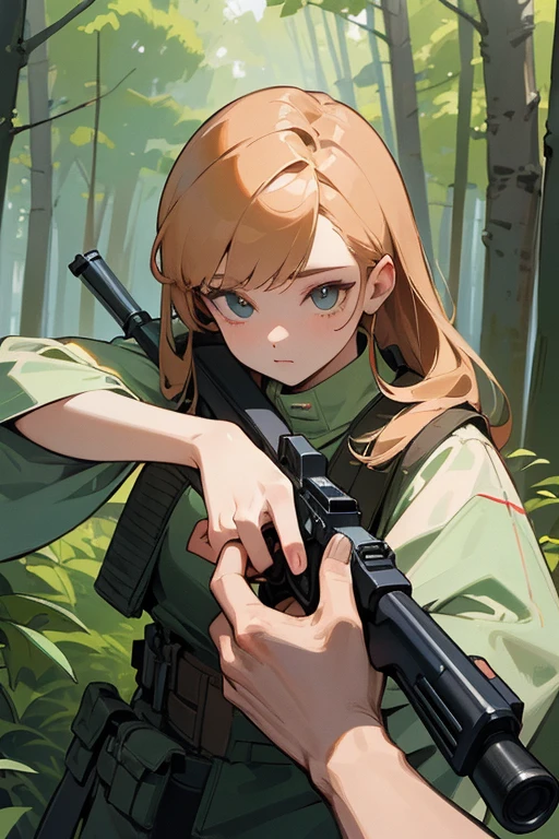 masterpiece,best quality,super detailed,super fine illustration,8k,pov, Break holding shootgun,perfect shootgun,detailed shootgun,Break perfect hands,Break background in forest,detailed background,Break she is holding a shootgun.