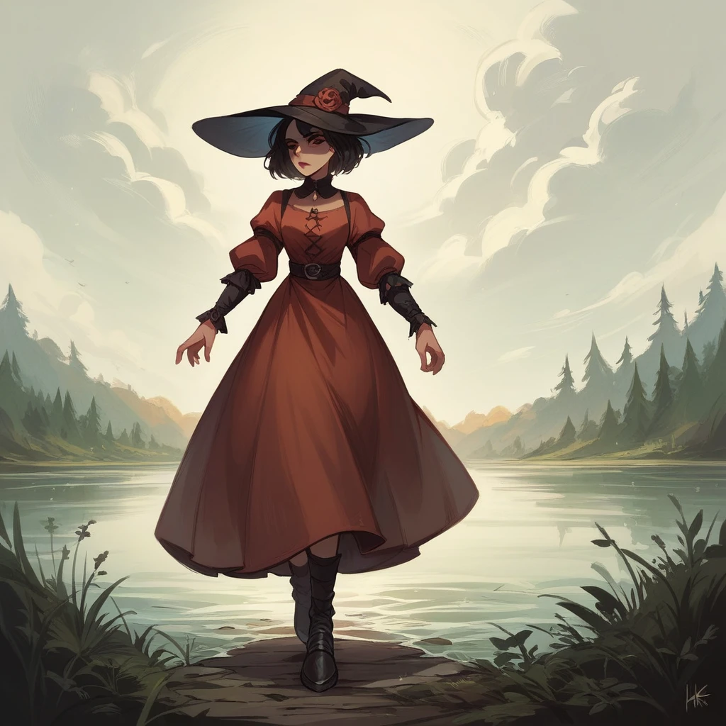 (best quality, 8k, masterpiece) A beautiful young witch，Wearing a red dress（European medieval style，Gothic style），Walking alone by the lake in the woods。Line drawing style，Suspenseful dark style。