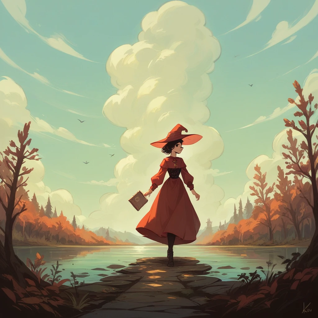 (best quality, 8k, masterpiece) A beautiful young witch,Wearing a red dress(European medieval style,Gothic style),Walking alone by the lake in the woods。Line drawing style,Suspenseful dark style。