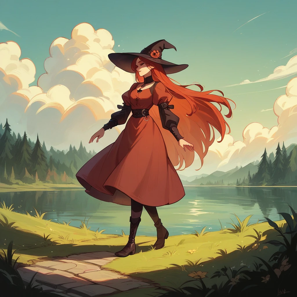 (best quality, 8k, masterpiece) A beautiful young witch,Wearing a red dress(European medieval style,Gothic style),Walking alone by the lake in the woods。Line drawing style,Suspenseful dark style。