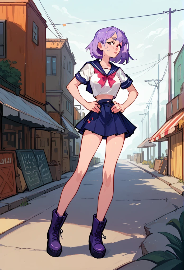 Masterpiece, best quality, high resolution, 1 woman , straight purple hair , Bob , conjunctivitis , A cold expression , sailor shirt , short skirt , boots, Long legs , full body , abdomen , big breasts , Put your hands on your hips... , roadside