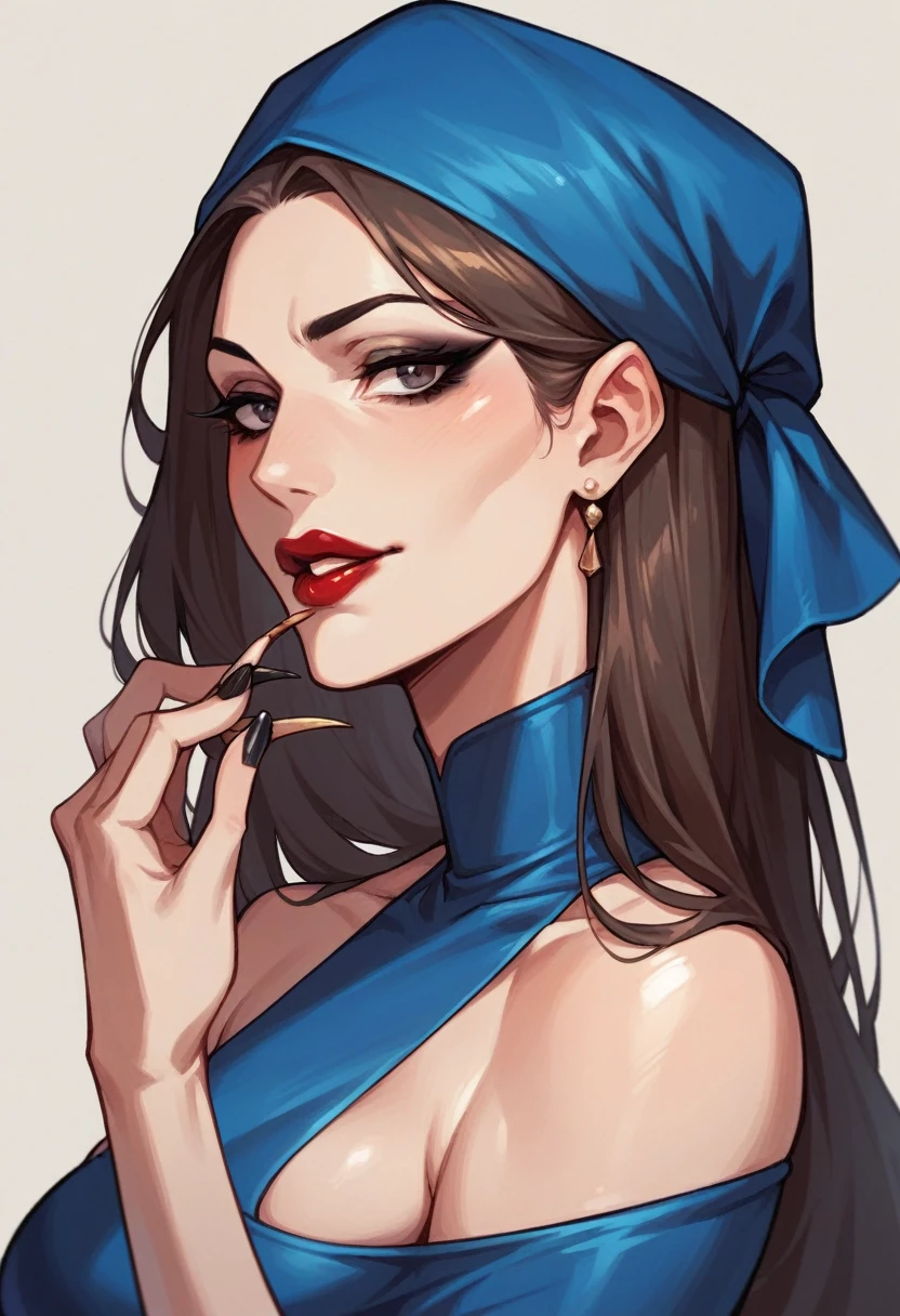 Mature woman, solo, light skin, dark brown long thin hair, makeup, black eyeliner, red lipstick, blue dress, blue headscarf