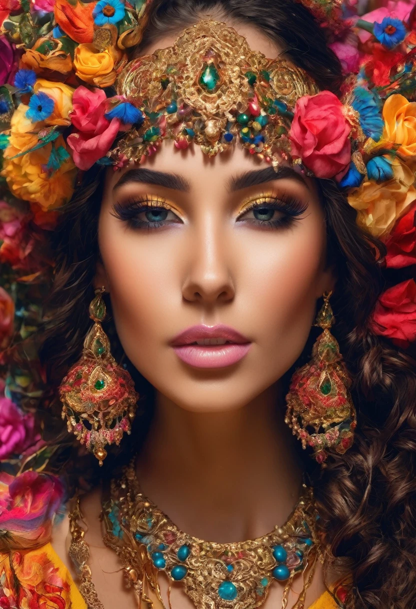 (cigana sulamita )) milhões de rosas amarelas e vermelhas , Ergue-se alto e mostra sua figura perfeita em todos os momentos cobre todo o corpo Vesti-se em uma linda saia rodada longa colorida, blusa bufante cheia de babados ((Cenário floresta )), super bonita, 8K realista , ((cabelos negros)), pele-Morena-Dourada, olhos negros, Corpo muscular ultrarrealista, vesti-se com uma roupa de cigana mágica , com um toque mágico e místico, com cabelo estilo slime , portanto, inspirado em Izzy Medrano, 3D 18K UHD., pulseiras douradas, , brincos dourados ,16k, Elementos: Terra 8K UHD SURREAL. Beautiful stunning woman adorned in ornate, colorful jewelry and clothing that appears to be inspired by"gypsy" style. She has long, dark curly hair with flowers tucked into it. Her makeup emphasizes her eyes, and she's wearing large, dangling earrings and multiple necklaces with colorful beads and pendants. The woman's clothing includes vibrant fabrics with patterns. The overall aesthetic is very bohemian and romantic, evoking a free-spirited, nomadic culture. The lighting in the image is warm, giving it a rich, golden glow that enhances the romantic atmosphere.woman adorned in ornate, colorful jewelry and clothing that appears to be inspired by Romani or "gypsy" style. She has long, dark curly hair with flowers tucked into it. Her makeup emphasizes her eyes, and she's wearing large, dangling earrings and multiple necklaces with colorful beads and pendants. The woman's clothing includes vibrant fabrics with patterns. The overall aesthetic is very bohemian and romantic, evoking a free-spirited, cigana culture. The lighting in the image is warm, giving it a rich, golden glow that enhances the romantic atmosphere UHD 18K.