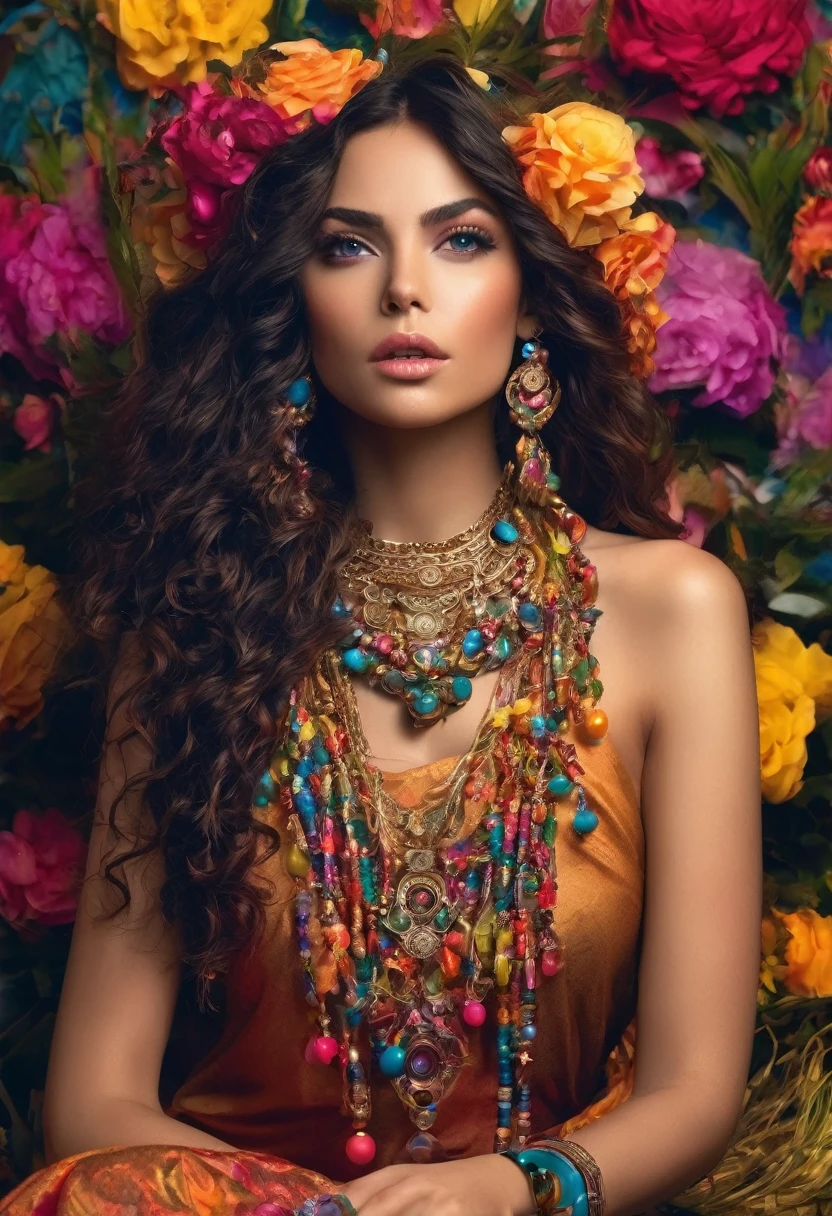 (cigana sulamita )) milhões de rosas amarelas e vermelhas , Ergue-se alto e mostra sua figura perfeita em todos os momentos cobre todo o corpo Vesti-se em uma linda saia rodada longa colorida, blusa bufante cheia de babados ((Cenário floresta )), super bonita, 8K realista , ((cabelos negros)), pele-Morena-Dourada, olhos negros, Corpo muscular ultrarrealista, vesti-se com uma roupa de cigana mágica , com um toque mágico e místico, com cabelo estilo slime , portanto, inspirado em Izzy Medrano, 3D 18K UHD., pulseiras douradas, , brincos dourados ,16k, Elementos: Terra 8K UHD SURREAL. Beautiful stunning woman adorned in ornate, colorful jewelry and clothing that appears to be inspired by"gypsy" style. She has long, dark curly hair with flowers tucked into it. Her makeup emphasizes her eyes, and she's wearing large, dangling earrings and multiple necklaces with colorful beads and pendants. The woman's clothing includes vibrant fabrics with patterns. The overall aesthetic is very bohemian and romantic, evoking a free-spirited, nomadic culture. The lighting in the image is warm, giving it a rich, golden glow that enhances the romantic atmosphere.woman adorned in ornate, colorful jewelry and clothing that appears to be inspired by Romani or "gypsy" style. She has long, dark curly hair with flowers tucked into it. Her makeup emphasizes her eyes, and she's wearing large, dangling earrings and multiple necklaces with colorful beads and pendants. The woman's clothing includes vibrant fabrics with patterns. The overall aesthetic is very bohemian and romantic, evoking a free-spirited, cigana culture. The lighting in the image is warm, giving it a rich, golden glow that enhances the romantic atmosphere UHD 18K.