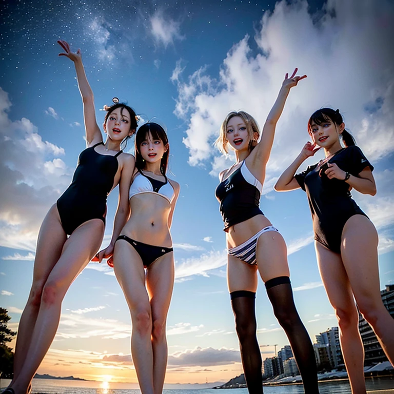 Masterpiece of ProfessionalPhoto ((ExtremelyDetailed (12 PICHIPICHI KAWAII Girls Floating in The Air in a row:1.37) in WHITE at Dusk Enoshima Beach)), {(Standing Full Body:1.2)|(from below:1.2)|Detailed KAWAII face}, Different types of hair colors, {(skinny(school swimwear))|(SchoolUniform)with Tiny AthleticShorts}, {(Corrected Childish hand)|Hidden hand|Different types of breasts|(Clearly Visible the shape of Butt)}, Joyful Expressions LifeLike Rendering, Detailed clothing texture, PerfectLighting, (Dazzling Horizon Visible through ThighGap), (Starry IridescentParticles:1.22) ColorfulClouds
