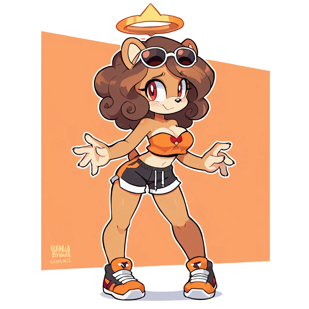 score_9, score_8_up, solo, mobian, hedgehog, two-tone fur ((orange fur, brown fur)), pyjama elastic shorts, strapless crop top, cleavage, high-top sneakers, two-tone hair (brown hair, black tip)), curly hair, halo, sunglasses, jewelry, red eyes, longeyelashes, red eyes, smile, shy, blush