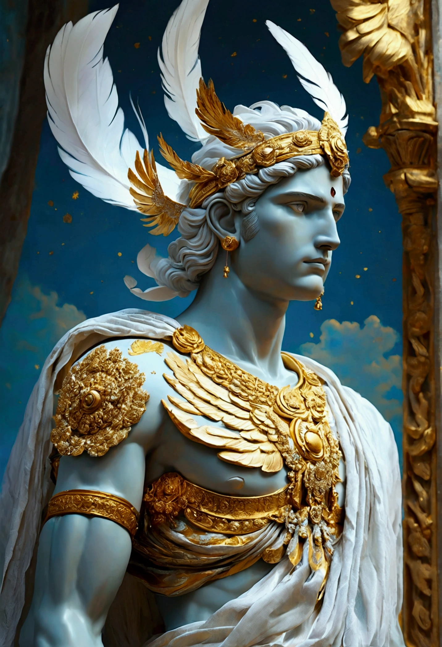 Create a detailed and expressive painting of a deity of the air, embodying the essence of the element and adorned with celestial colours such as light blues, silvers and subtle touches of gold. He should be centred in the painting, with a serene expression of great wisdom on his face. His shoulders should be visible, while the rest of his body is outside the frame. The deity should be depicted as a male figure, similar to classical Greek gods such as Hermes, with platinum blond hair, grey eyes and a slightly muscular physique, exuding an aura of divine beauty. The deity's attire should feature ornamental elements adorned with feathers, symbolic of the airy, ethereal nature of the white-robed, all-covered body. These feathers may be intricately woven into his garment or as accessories. Place the deity in the foreground against a background combining shades of light blue, silver and hints of subtle gold, evoking a celestial atmosphere against a black background. Use shading and textures to enhance the ethereal quality of the background, creating a sense of weightlessness and fluidity associated with the element of air. It uses lighting to highlight the deity's facial features and the ornamental details of his attire, ensuring a striking contrast with the background of celestial tones. The artistic style should emphasise intricate details reminiscent of ancient Greek art, conveying a sense of divine grace and connection to the element of air.
