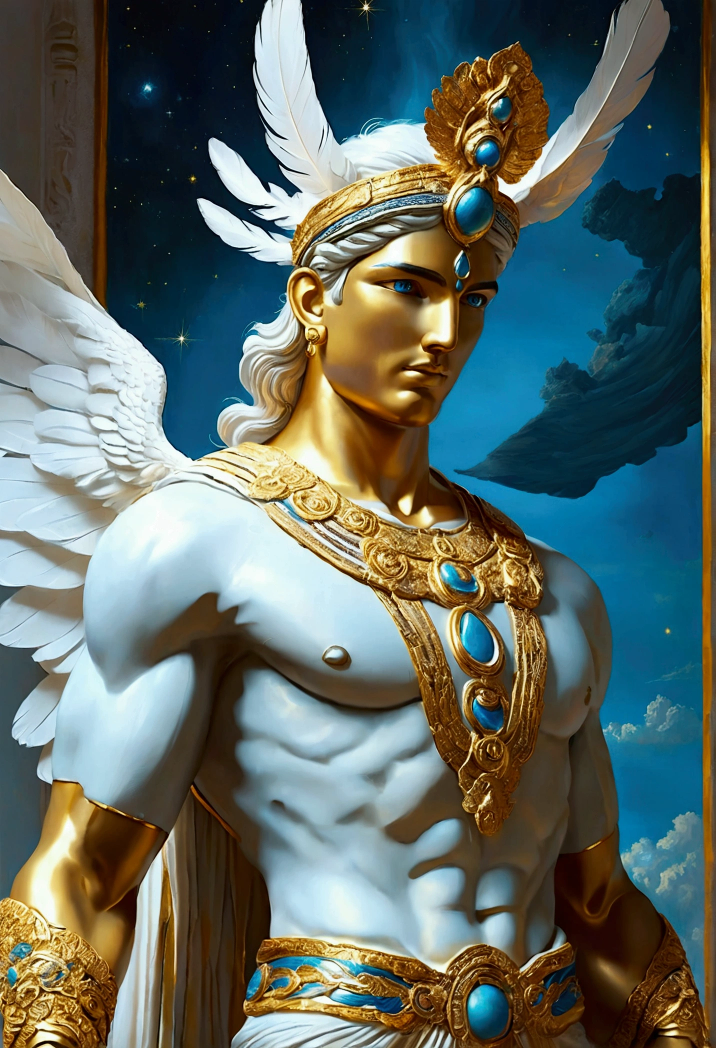 Create a detailed and expressive painting of a deity of the air, embodying the essence of the element and adorned with celestial colours such as light blues, silvers and subtle touches of gold. He should be centred in the painting, with a serene expression of great wisdom on his face. His shoulders should be visible, while the rest of his body is outside the frame. The deity should be depicted as a male figure, similar to classical Greek gods such as Hermes, with platinum blond hair, grey eyes and a slightly muscular physique, exuding an aura of divine beauty. The deity's attire should feature ornamental elements adorned with feathers, symbolic of the airy, ethereal nature of the white-robed, all-covered body. These feathers may be intricately woven into his garment or as accessories. Place the deity in the foreground against a background combining shades of light blue, silver and hints of subtle gold, evoking a celestial atmosphere against a black background. Use shading and textures to enhance the ethereal quality of the background, creating a sense of weightlessness and fluidity associated with the element of air. It uses lighting to highlight the deity's facial features and the ornamental details of his attire, ensuring a striking contrast with the background of celestial tones. The artistic style should emphasise intricate details reminiscent of ancient Greek art, conveying a sense of divine grace and connection to the element of air.