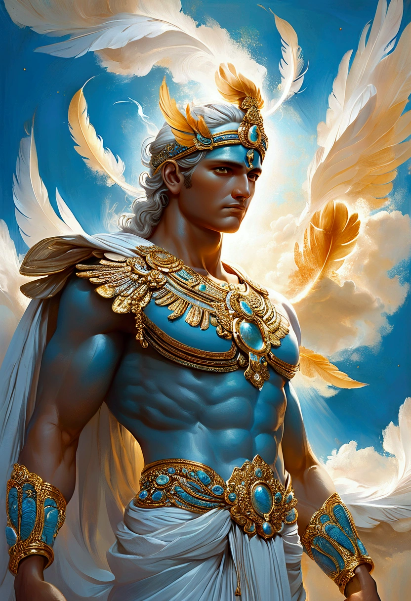 Create a detailed and expressive painting of a deity of the air, embodying the essence of the element and adorned with celestial colours such as light blues, silvers and subtle touches of gold. He should be centred in the painting, with a serene expression of great wisdom on his face. His shoulders should be visible, while the rest of his body is outside the frame. The deity should be depicted as a male figure, similar to classical Greek gods such as Hermes, with platinum blond hair, grey eyes and a slightly muscular physique, exuding an aura of divine beauty. The deity's attire should feature ornamental elements adorned with feathers, symbolic of the airy, ethereal nature of the white-robed, all-covered body. These feathers may be intricately woven into his garment or as accessories. Place the deity in the foreground against a background combining shades of light blue, silver and hints of subtle gold, evoking a celestial atmosphere against a black background. Use shading and textures to enhance the ethereal quality of the background, creating a sense of weightlessness and fluidity associated with the element of air. It uses lighting to highlight the deity's facial features and the ornamental details of his attire, ensuring a striking contrast with the background of celestial tones. The artistic style should emphasise intricate details reminiscent of ancient Greek art, conveying a sense of divine grace and connection to the element of air.
