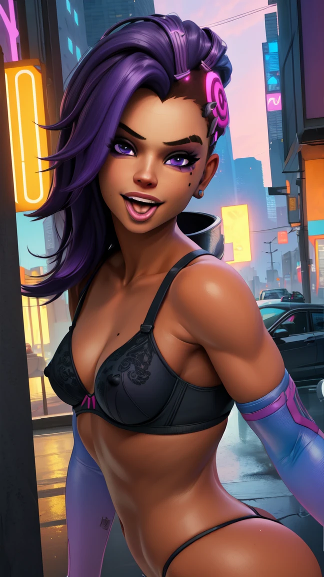 sombra, purple hair, purple eyes, mole under eye, open mouth, tongue out
elbow gloves, lewd thong, bra, nsfw light smile, small breasts,
looking at viewer, front view
day, city, outside
(insanely detailed, beautiful detailed face, beautiful detailed eyes, masterpiece, best quality),solo,
cyberpunk,