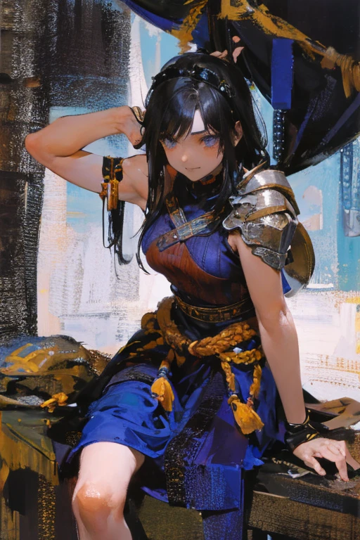 A black-haired girl wears viking helmet wields the Heavy Thrusting Swords from within the Elden Ring in a reverse grip.