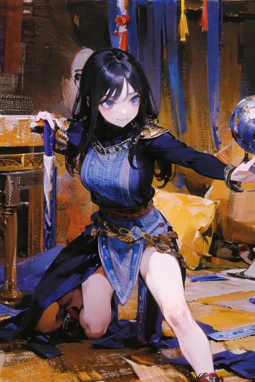 A black-haired girl wears viking helmet wields the Heavy Thrusting Swords from within the Elden Ring in a reverse grip.