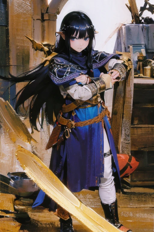 A black-haired girl wears viking helmet wields the Heavy Thrusting Swords from within the Elden Ring in a reverse grip.