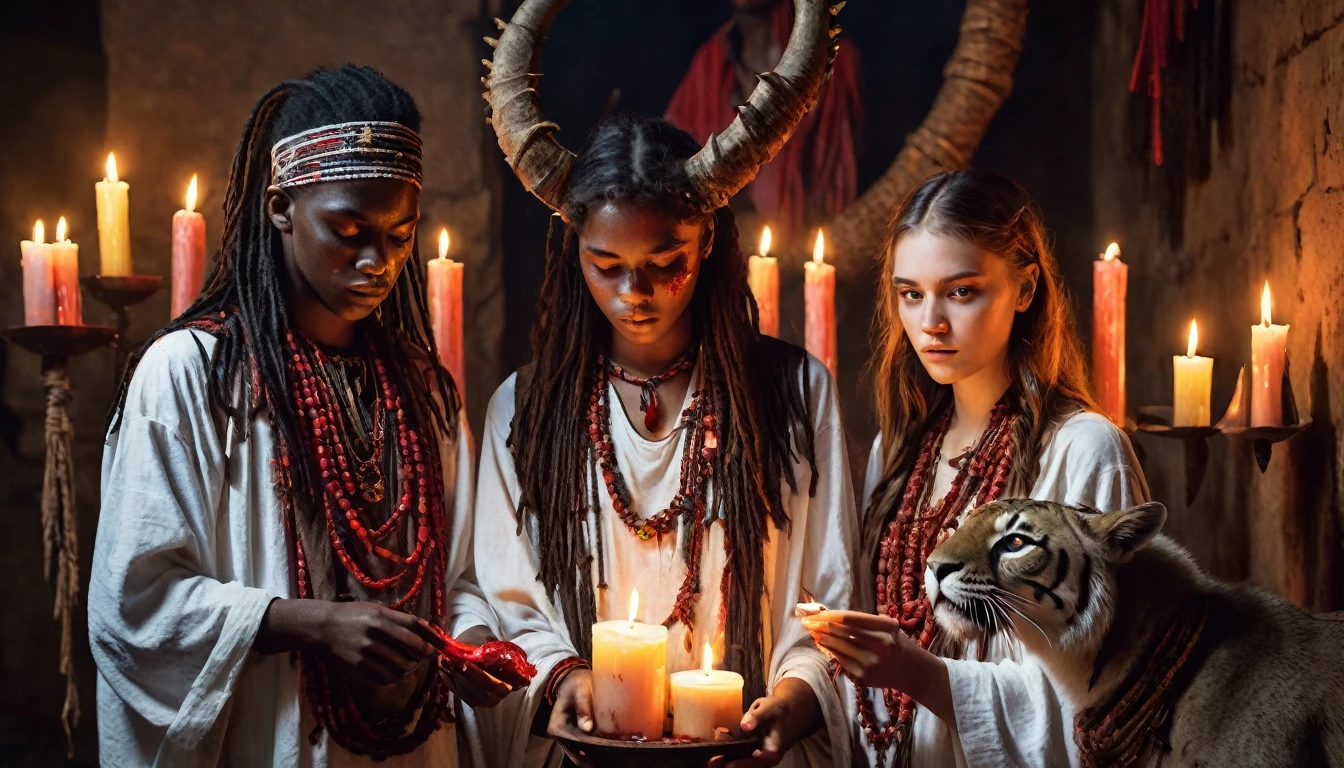 three young people in their 20s dressed in tunic, sacrificing animals with blood, candles, voodoo, clear and ultra realistic image