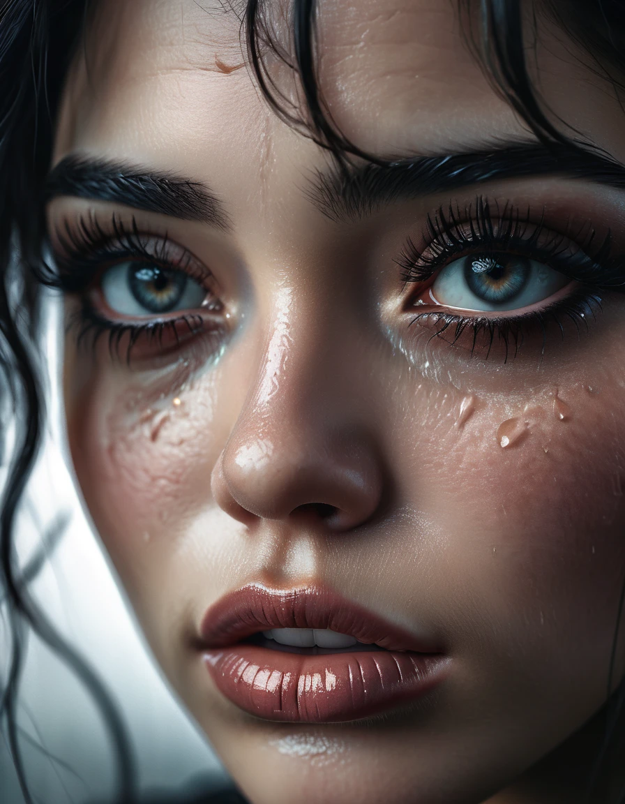 A beautiful woman with detailed eyes, delicate lips, and long eyelashes, crying black tears, intricate facial features, raw photographic style, ultra-detailed, hyperrealistic textures, cinematic depth of field, dramatic lighting, moody atmosphere, high contrast, dark and muted color palette