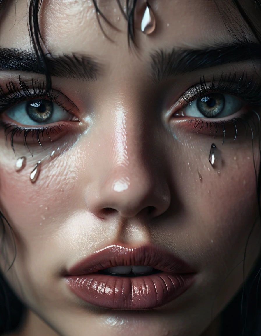 A beautiful woman with detailed eyes, delicate lips, and long eyelashes, crying black tears, intricate facial features, raw photographic style, ultra-detailed, hyperrealistic textures, cinematic depth of field, dramatic lighting, moody atmosphere, high contrast, dark and muted color palette