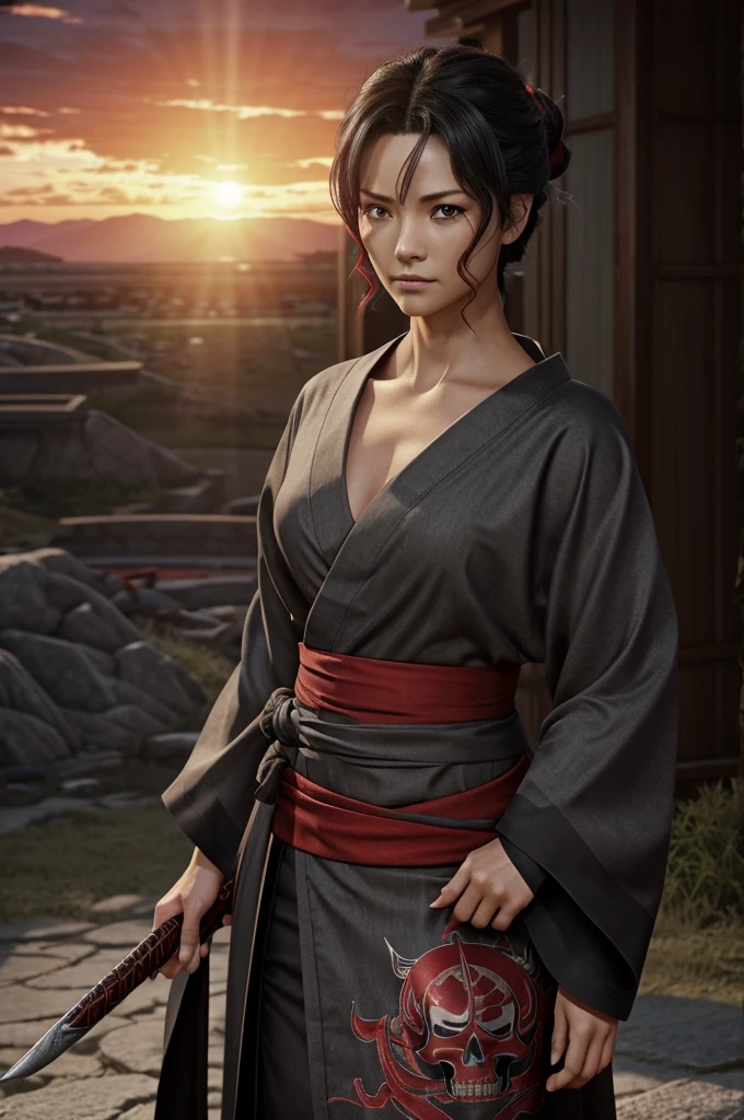 Demon Slayer screenshot of a woman with short dark gray hair with reddish streaks, He has a scar on his left eye and another scar on his right arm., the color of his left eye is dark gray and the right eye is red. The landscape is a beautiful sunset .She is wearing a dark gray yukata with skull designs.. Screenshot of UFOTABLE studios.