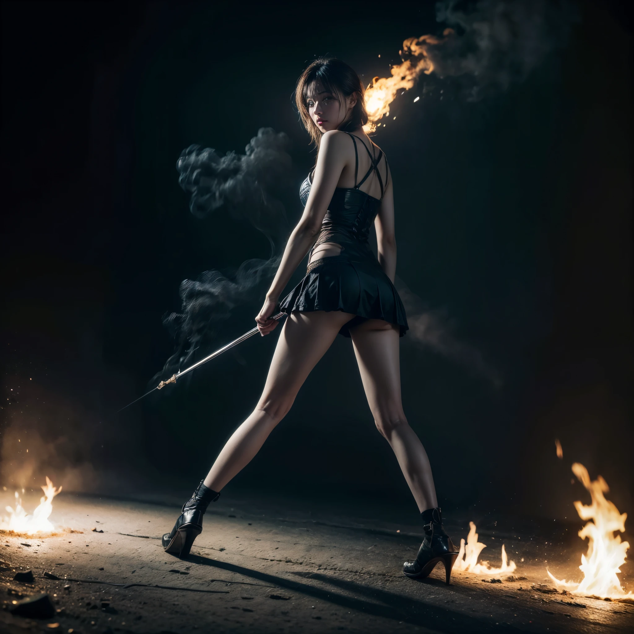 A medieval Goddess warrior fighting in the battlefield, dressed in black, laced dress, torn dress, full body, work of malediction and death, The Great One of the Night of Time, stand up and shout. Dominant pose. Realistic hands. Ball of fire in hand. [The character is surrounded by mist, evoking a mysterious and eerie atmosphere. The lighting is dark and atmospheric, with smoke adding a touch of sinister ambiance. Best quality image, HDR enhancement, showcasing the utmost level of detail and realism, full body shot:1.5]. [8K, Best Quality, Ultra High Resolution, (highly detailed CG unity 8k wallpaper), (best photo), cry, (best shadows), isometric 3D, octane rendering, ray tracing, highly detailed, (Best quality, 4K, 8k:1.2), absurdity, ultra detailed, (realistic, photorealistic, photorealistic:1.37), complex parts, HDR, (complex parts:1.12), (hyper detailed, hyper realistic, Soft lighting, spicy:1.2), (complex parts, Hyper detailed:1.15). Blurred foreground. (backlit), masterpiece, high quality, brightness, chromatic aberration, foggy smoke, shadows, contrast, clear sky, (warm hue, warm tone), high details, natural reflections]. (YES SFW)