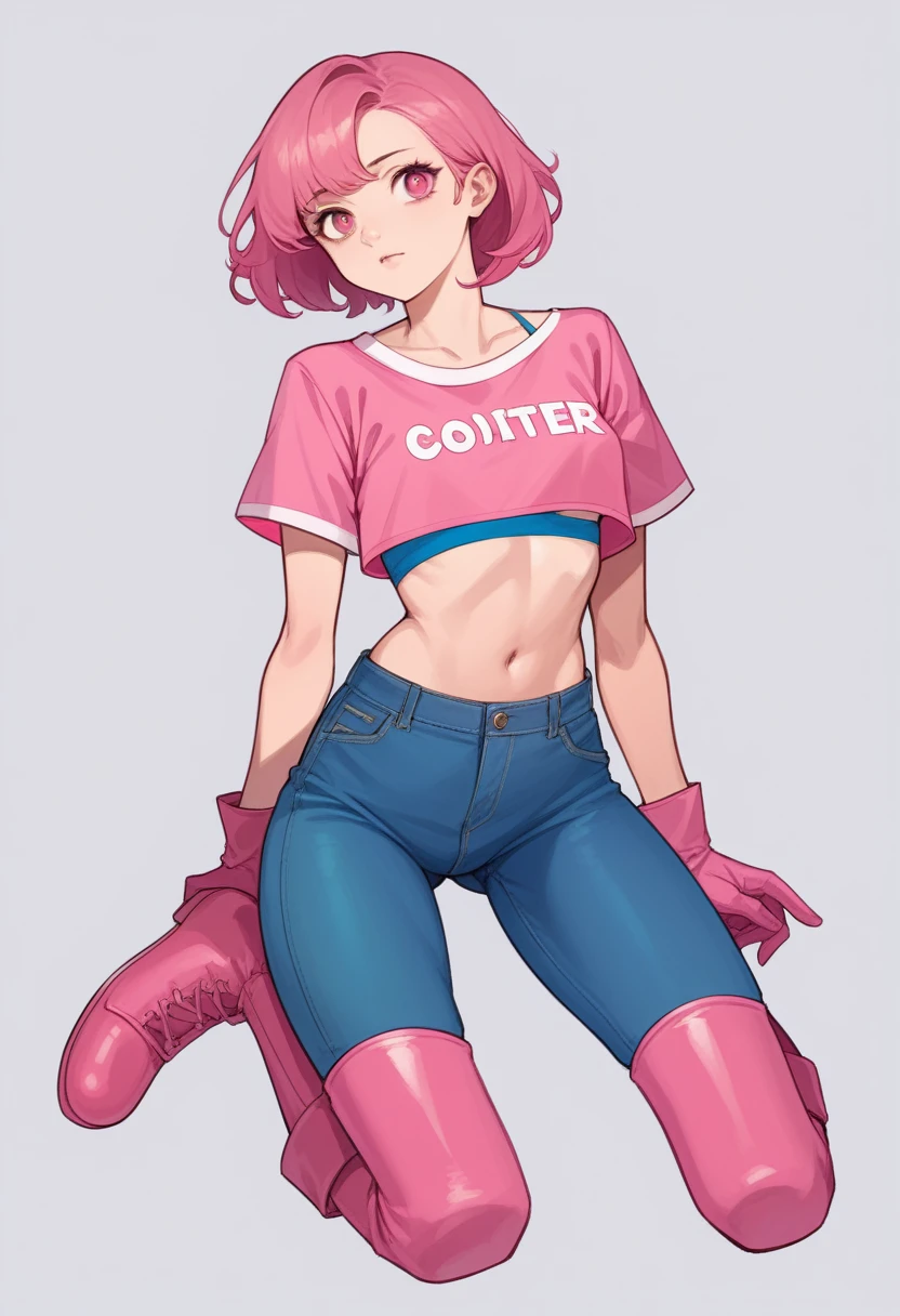 A young woman, pink hair, chest-length hair, straight hair, bangs, pink eyes and Lit up, medium height body, pink shirt (crop top, short sleeves, u-neck), expose navel, pink small gloves, dark blue hipster bikini bottoms, pink small boots, UHD, ultra detailed, ultra realistic, best quality