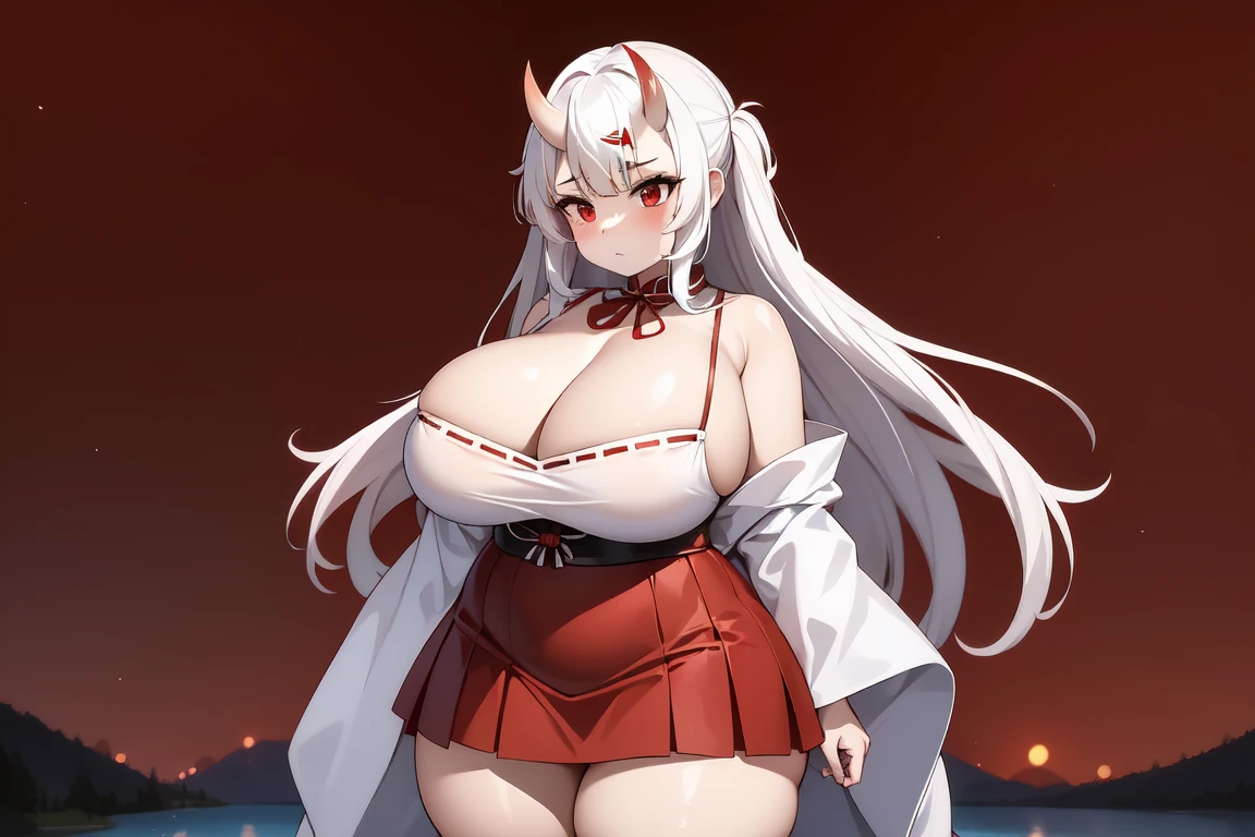 1girl, white hairs, red eyes, skimpy white-red kimono, long hair, lake, night, cleavage, Oni, armored skirt, oni horns, shortstack, huge breasts, wide hips, thick thighs, cowboy shot