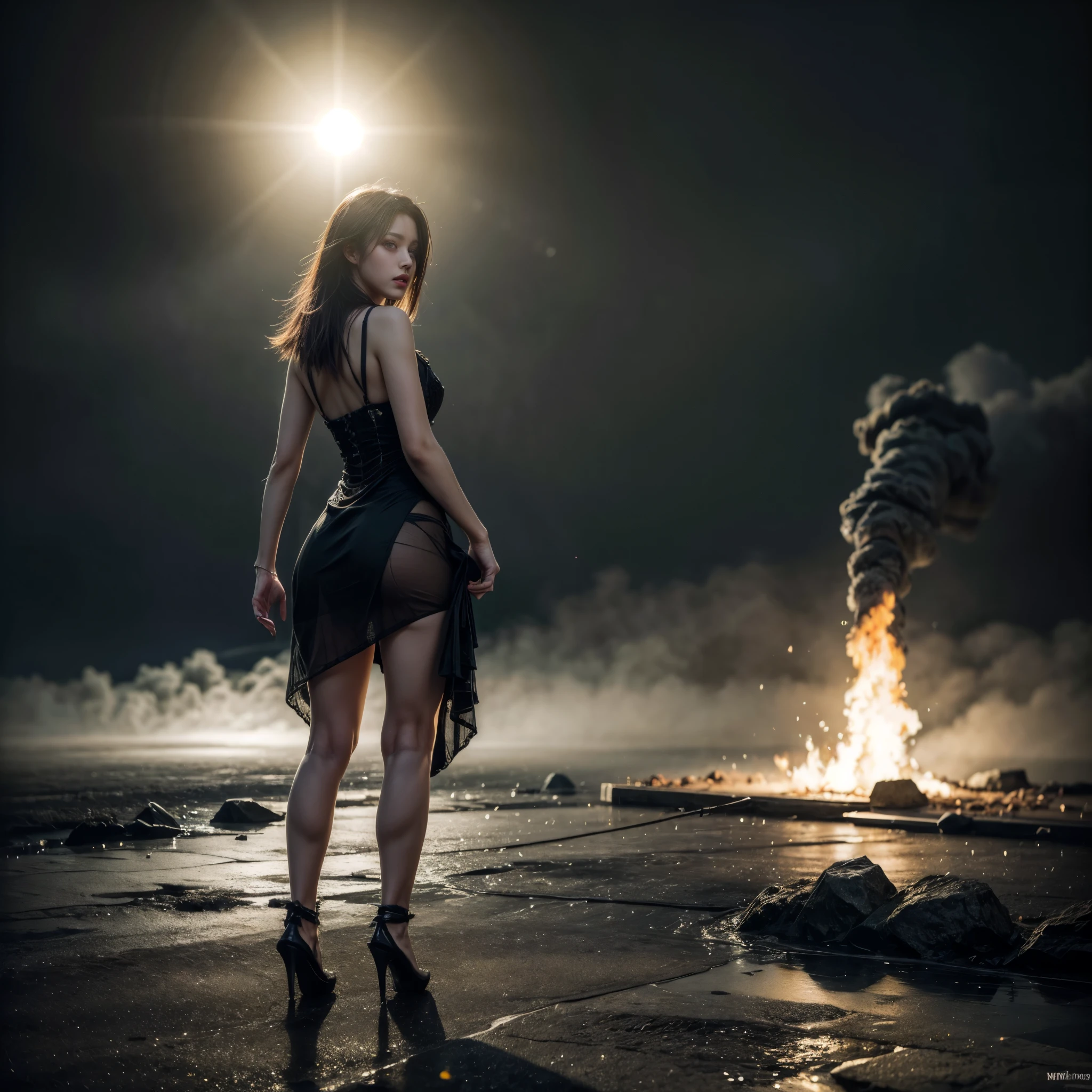 A medieval Goddess warrior fighting in the battlefield, dressed in black, laced dress, torn dress, full body, work of malediction and death, The Great One of the Night of Time, stand up and shout. Dominant pose. Realistic hands. Ball of fire in hand. [The character is surrounded by mist, evoking a mysterious and eerie atmosphere. The lighting is dark and atmospheric, with smoke adding a touch of sinister ambiance. Best quality image, HDR enhancement, showcasing the utmost level of detail and realism, full body shot:1.5]. [8K, Best Quality, Ultra High Resolution, (highly detailed CG unity 8k wallpaper), (best photo), cry, (best shadows), isometric 3D, octane rendering, ray tracing, highly detailed, (Best quality, 4K, 8k:1.2), absurdity, ultra detailed, (realistic, photorealistic, photorealistic:1.37), complex parts, HDR, (complex parts:1.12), (hyper detailed, hyper realistic, Soft lighting, spicy:1.2), (complex parts, Hyper detailed:1.15). Blurred foreground. (backlit), masterpiece, high quality, brightness, chromatic aberration, foggy smoke, shadows, contrast, clear sky, (warm hue, warm tone), high details, natural reflections]. (YES SFW)