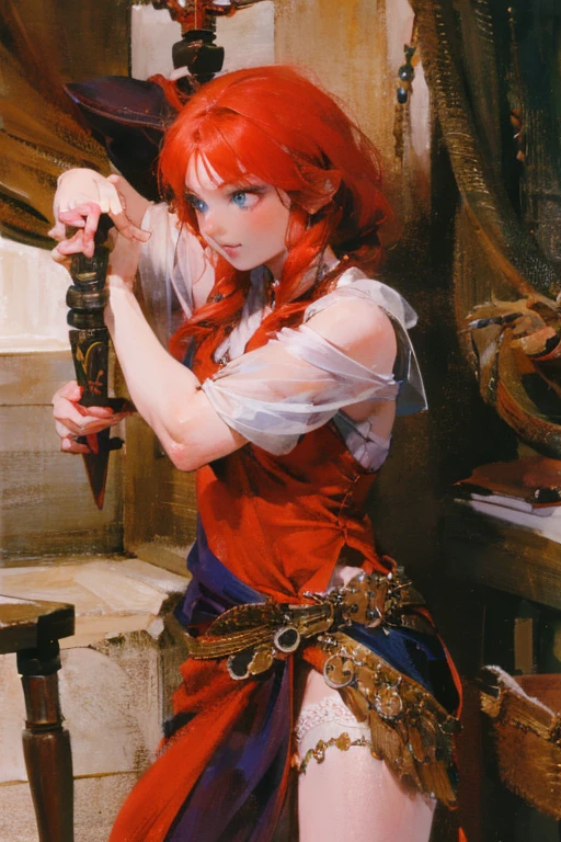 A red-haired girl wields the Heavy Thrusting Swords from within the Elden Ring in a reverse grip.