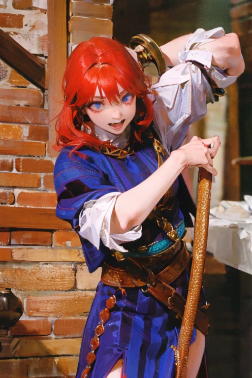 A red-haired girl wields the Heavy Thrusting Swords from within the Elden Ring in a reverse grip.